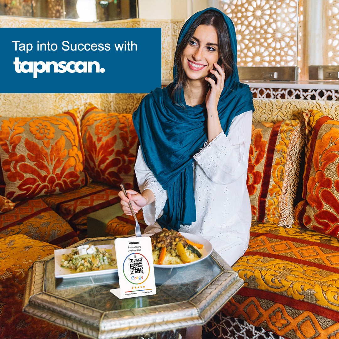 Tapnscan Dual English Arabic QR NFC Google Reviews Stand Promo Picture